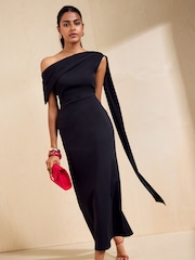 Friends Like These Black Asymmetric Neck Scarf Midi Dress - Image 1 of 5