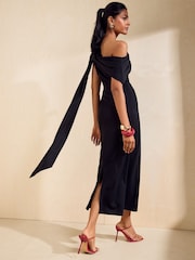 Friends Like These Black Asymmetric Neck Scarf Midi Dress - Image 5 of 5