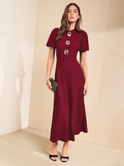Friends Like These Berry Red Petite Textured Puff Sleeve Button Down Midi Dress - Image 1 of 6