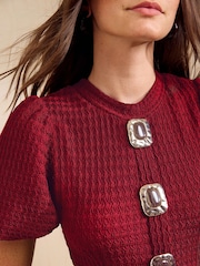 Friends Like These Berry Red Petite Textured Puff Sleeve Button Down Midi Dress - Image 3 of 6