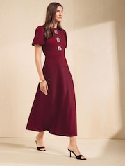 Friends Like These Berry Red Petite Textured Puff Sleeve Button Down Midi Dress - Image 4 of 6