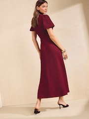 Friends Like These Berry Red Petite Textured Puff Sleeve Button Down Midi Dress - Image 6 of 6