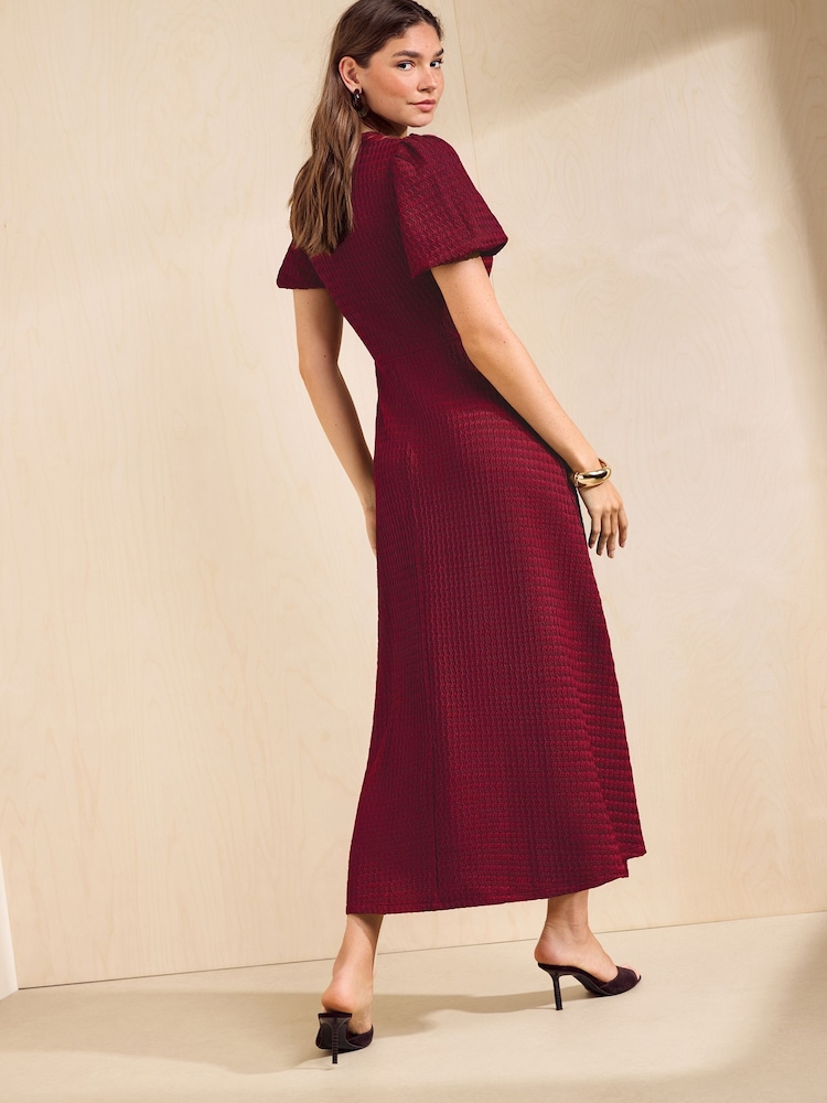 Friends Like These Berry Red Petite Textured Puff Sleeve Button Down Midi Dress - Image 6 of 6