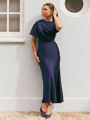 Friends Like These Navy Satin Cape Hardware Detail Midi Dress - Image 1 of 5
