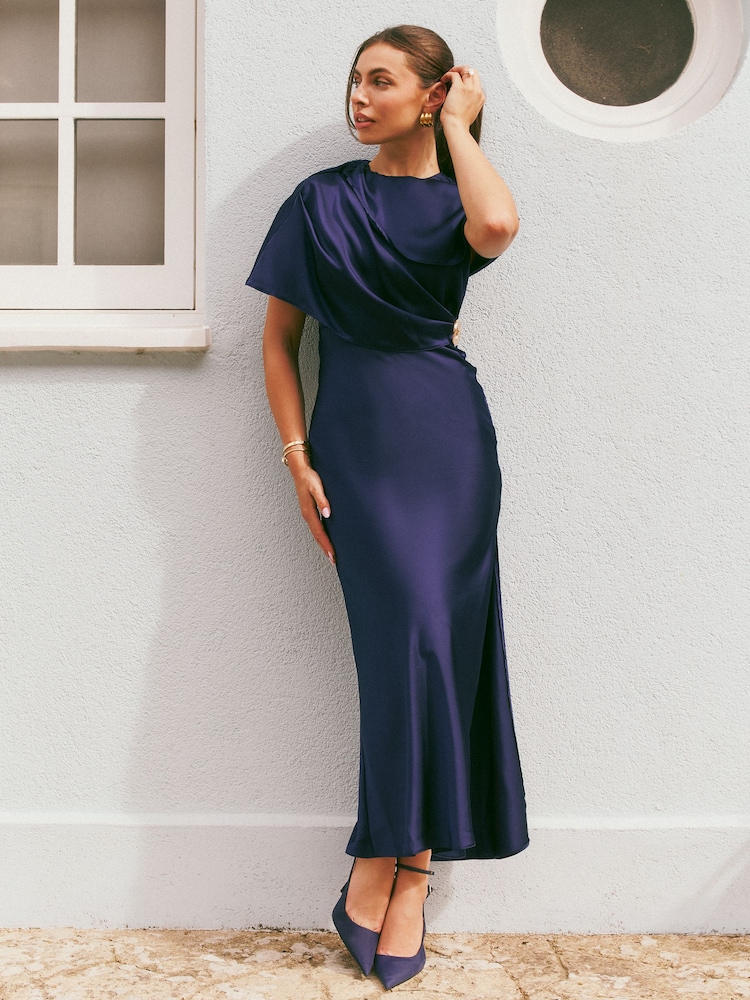 Friends Like These Navy Satin Cape Hardware Detail Midi Dress - Image 1 of 5