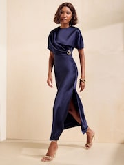 Friends Like These Navy Satin Cape Hardware Detail Midi Dress - Image 3 of 5