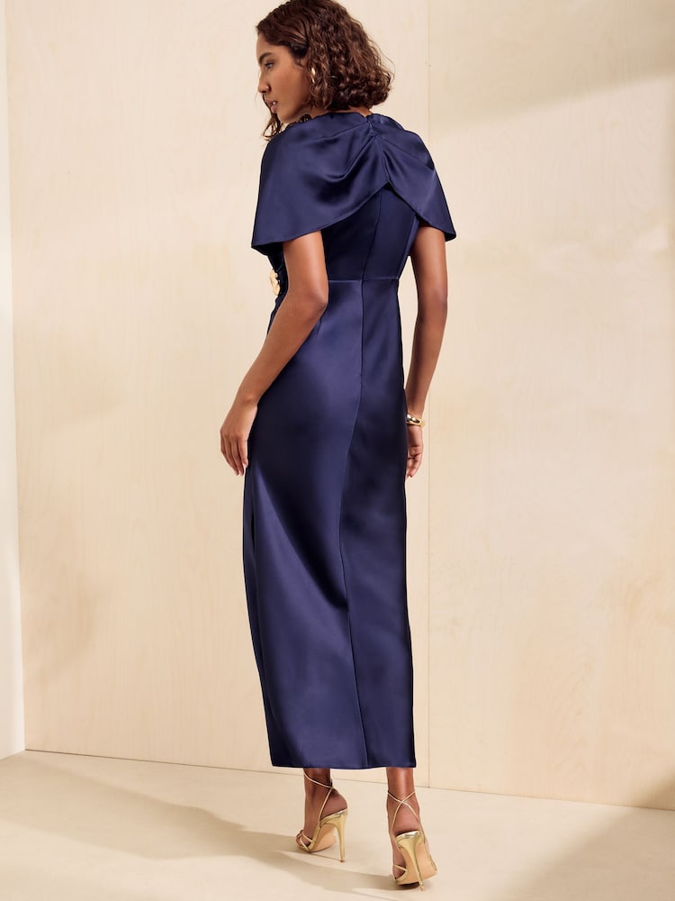 Friends Like These Navy Satin Cape Hardware Detail Midi Dress - Image 5 of 5