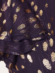 Friends Like These Aubergine Purple Petite Ruffle Short Sleeve Metallic Foil Midi Dress - Image 5 of 5