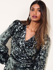 Friends Like These Silver Long Sleeve Sequin Wrap Mini Dress - Image 2 of 6