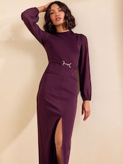 Friends Like These Burgundy Red Chiffon Long Sleeve Pencil Midi Dress - Image 2 of 5
