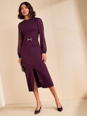 Friends Like These Burgundy Red Chiffon Long Sleeve Pencil Midi Dress - Image 4 of 5