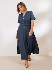 Friends Like These Teal Blue Curve Short Sleeve Textured Belted Midi Dress - Image 1 of 4