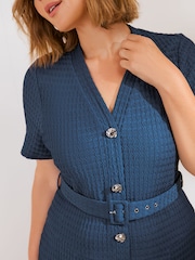 Friends Like These Teal Blue Curve Short Sleeve Textured Belted Midi Dress - Image 2 of 4