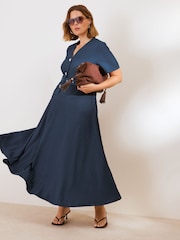 Friends Like These Teal Blue Curve Short Sleeve Textured Belted Midi Dress - Image 3 of 4