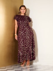 Friends Like These Burgundy Red Curve Ruffle Short Sleeve Metallic Foil Midi Dress - Image 1 of 5