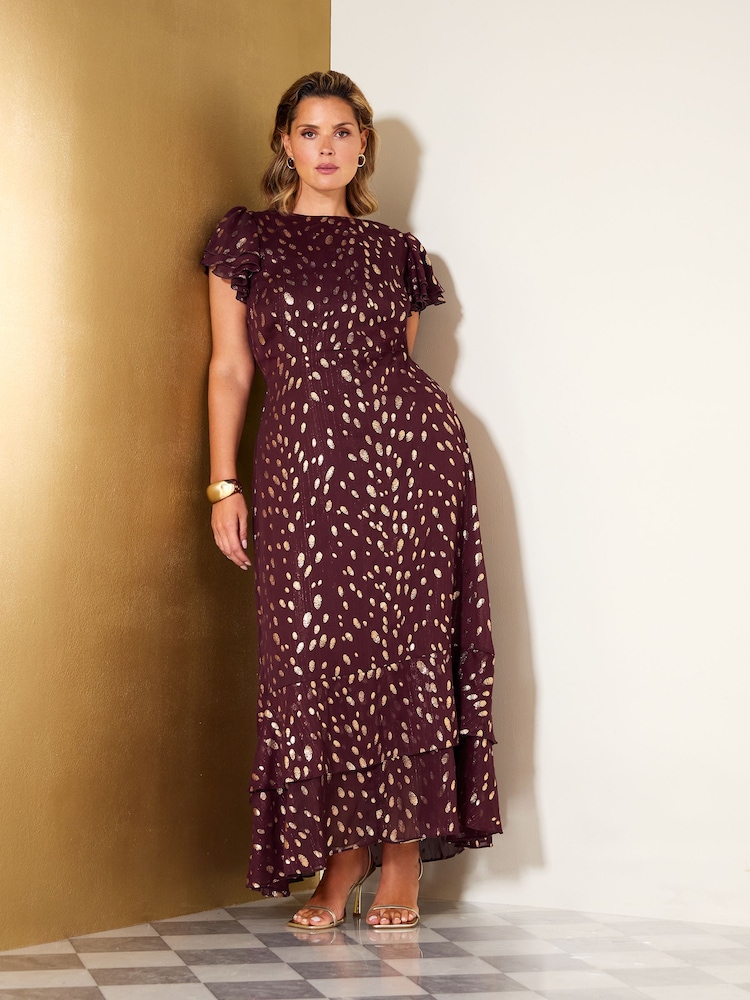 Friends Like These Burgundy Red Curve Ruffle Short Sleeve Metallic Foil Midi Dress - Image 1 of 5