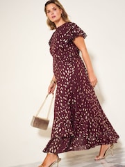 Friends Like These Burgundy Red Curve Ruffle Short Sleeve Metallic Foil Midi Dress - Image 3 of 5