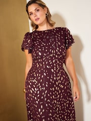 Friends Like These Burgundy Red Curve Ruffle Short Sleeve Metallic Foil Midi Dress - Image 4 of 5