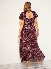 Friends Like These Burgundy Red Curve Ruffle Short Sleeve Metallic Foil Midi Dress - Image 5 of 5
