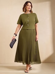 Friends Like These Bottle Green Curve Short Sleeve 2 in 1 Pleated Midi Dress - Image 1 of 4