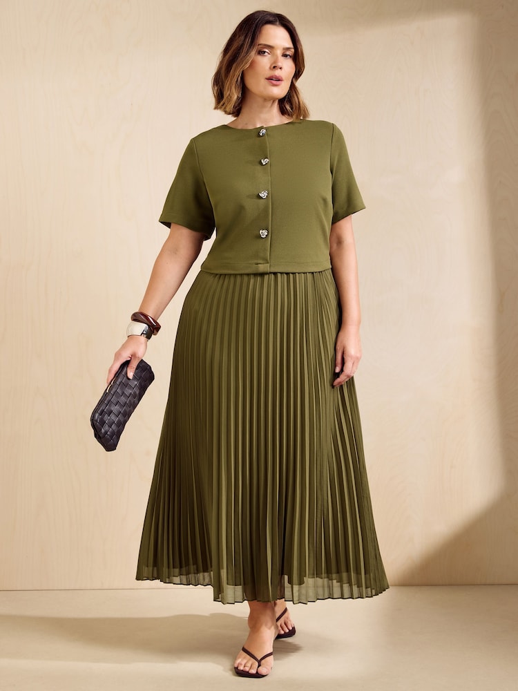 Friends Like These Bottle Green Curve Short Sleeve 2 in 1 Pleated Midi Dress - Image 1 of 4 Friends Like These Bottle Green Curve Short Sleeve 2 in 1 Pleated Midi Dress - Image 1 of 4
