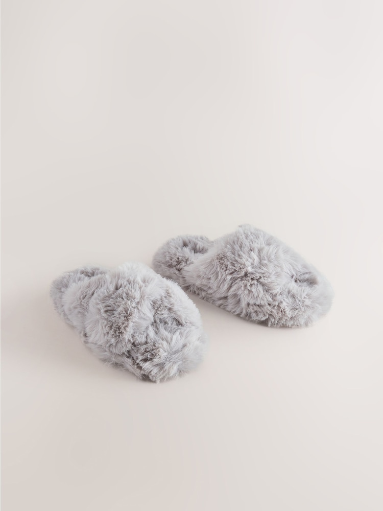 Grey Faux Fur Slipper Mules - Image 1 of 5 Grey Faux Fur Slipper Mules - Image 1 of 5