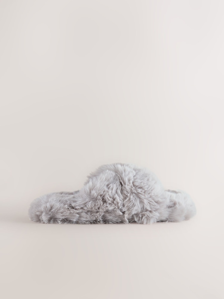 Grey Faux Fur Slipper Mules - Image 2 of 5 Grey Faux Fur Slipper Mules - Image 2 of 5