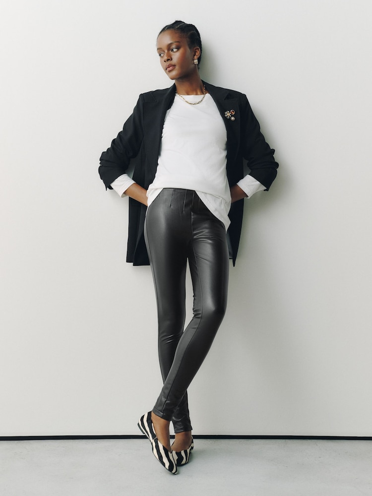 Black Front Seam Faux Leather Leggings - Image 2 of 8 Black Front Seam Faux Leather Leggings - Image 2 of 8