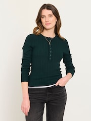FatFace Mae Jade Green Knitted Frill Front Henley - Image 1 of 5