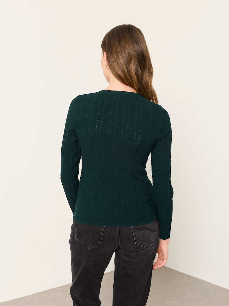 FatFace Mae Jade Green Knitted Frill Front Henley - Image 2 of 5 FatFace Mae Jade Green Knitted Frill Front Henley - Image 2 of 5