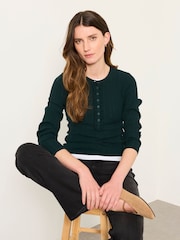 FatFace Mae Jade Green Knitted Frill Front Henley - Image 3 of 5