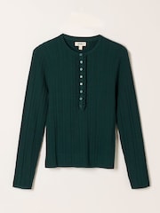 FatFace Mae Jade Green Knitted Frill Front Henley - Image 5 of 5