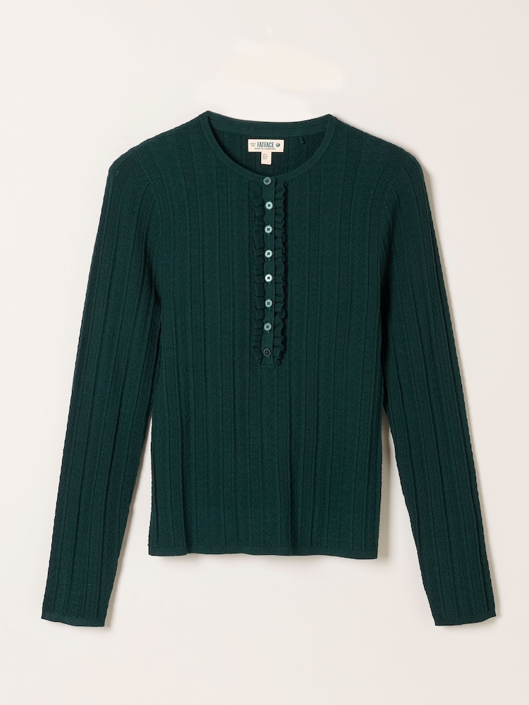 FatFace Mae Jade Green Knitted Frill Front Henley - Image 5 of 5 FatFace Mae Jade Green Knitted Frill Front Henley - Image 5 of 5