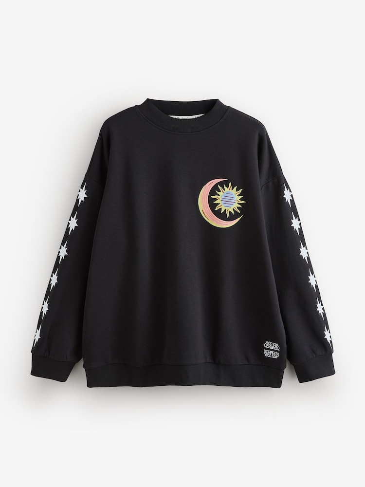 Never Fully Dressed Black Embroidered Print Crew Neck Sweatshirt - Image 1 of 6 Never Fully Dressed Black Embroidered Print Crew Neck Sweatshirt - Image 1 of 6