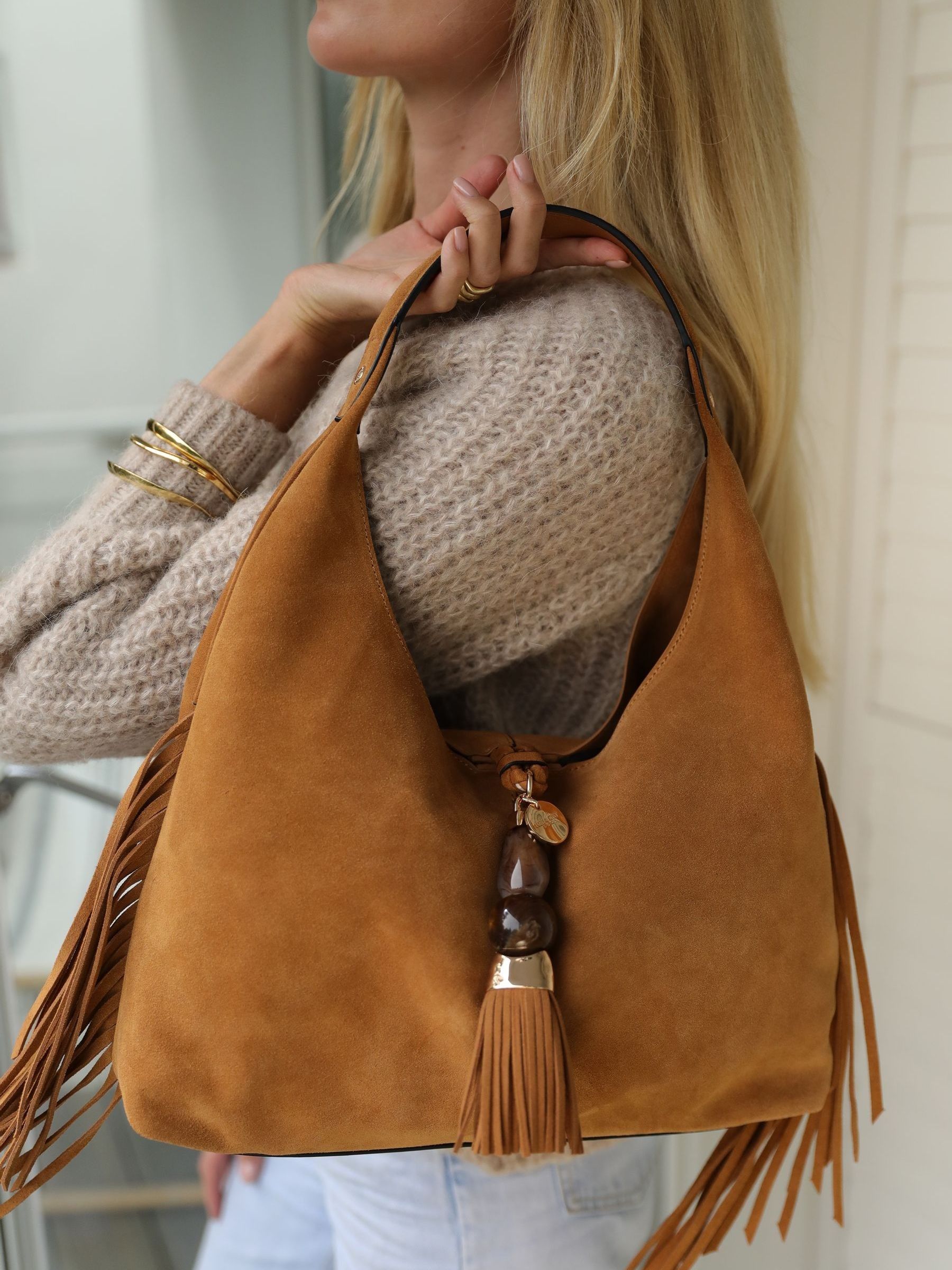Luella Grey Camel Suede Paloma Medium Suede Fringe Shoulder Bag - Image 3