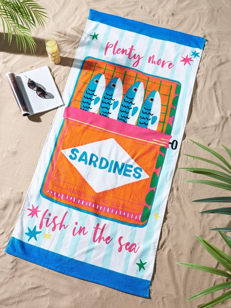 Catherine Lansfield Blue Sardines Cotton Beach Towel - Image 1 of 2