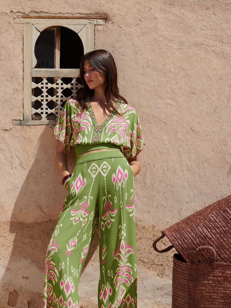 Love & Roses Lime Green Abstract Placement Print Trousers - Image 4 of 4