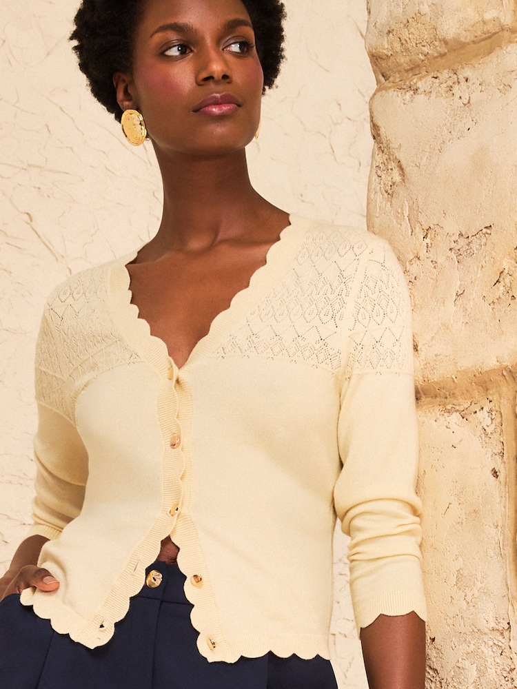 Love & Roses Butter Yellow Pointelle Scallop Detail 3/4 Sleeve Knitted Cardigan - Image 1 of 4