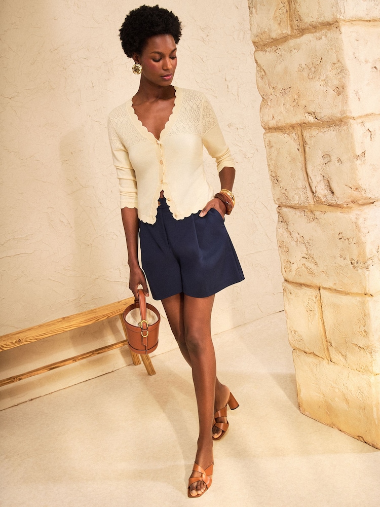 Love & Roses Butter Yellow Pointelle Scallop Detail 3/4 Sleeve Knitted Cardigan - Image 2 of 4