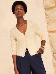 Love & Roses Butter Yellow Pointelle Scallop Detail 3/4 Sleeve Knitted Cardigan - Image 3 of 4