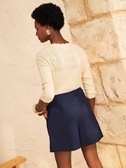 Love & Roses Butter Yellow Pointelle Scallop Detail 3/4 Sleeve Knitted Cardigan - Image 4 of 4