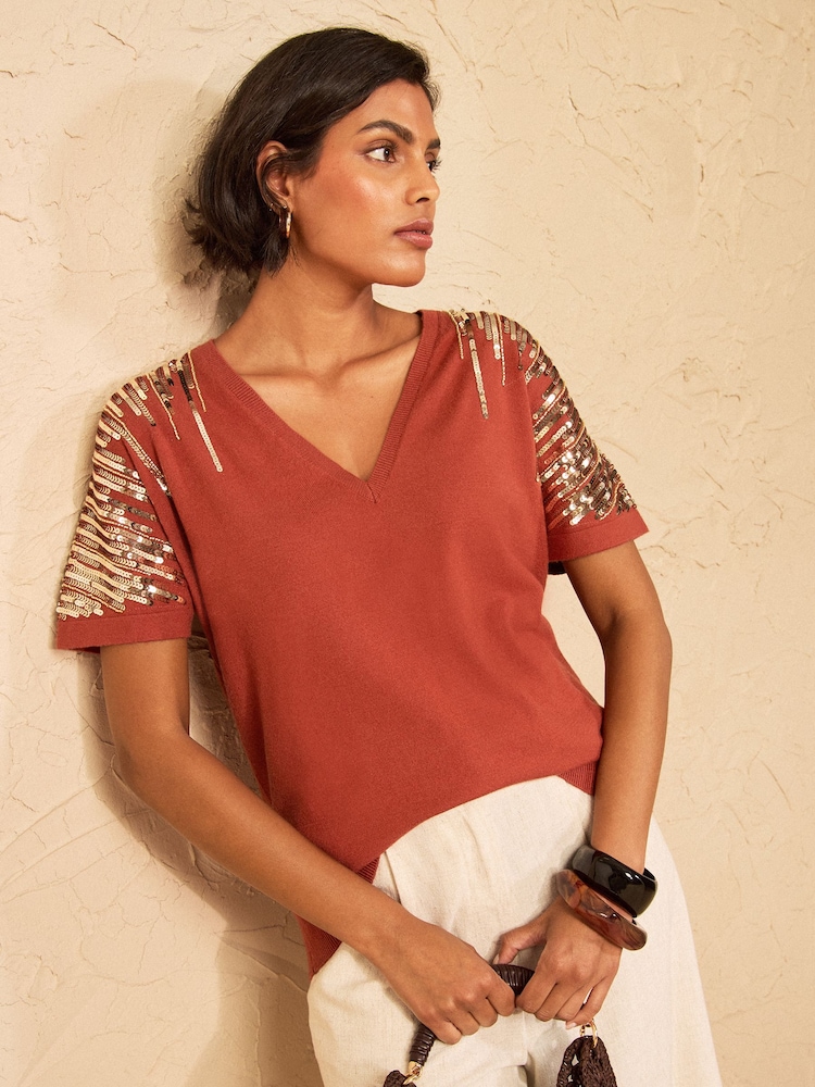 Love & Roses Rust Brown Sequin Detail Batwing Style V-Neck Knitted Top - Image 1 of 5