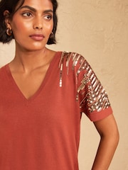 Love & Roses Rust Brown Sequin Detail Batwing Style V-Neck Knitted Top - Image 2 of 5