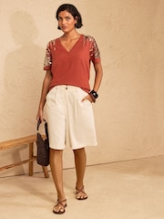 Love & Roses Rust Brown Sequin Detail Batwing Style V-Neck Knitted Top - Image 3 of 5