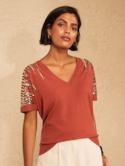 Love & Roses Rust Brown Sequin Detail Batwing Style V-Neck Knitted Top - Image 4 of 5