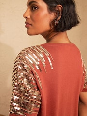 Love & Roses Rust Brown Sequin Detail Batwing Style V-Neck Knitted Top - Image 5 of 5