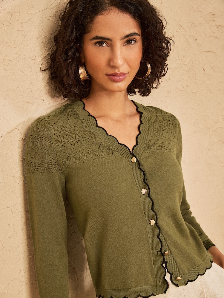 Love & Roses Olive Green Pointelle Scallop Detail 3/4 Sleeve Knitted Cardigan - Image 1 of 4 Love & Roses Olive Green Pointelle Scallop Detail 3/4 Sleeve Knitted Cardigan - Image 1 of 4