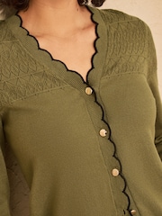 Love & Roses Olive Green Pointelle Scallop Detail 3/4 Sleeve Knitted Cardigan - Image 2 of 4