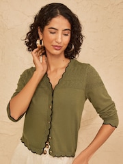Love & Roses Olive Green Pointelle Scallop Detail 3/4 Sleeve Knitted Cardigan - Image 4 of 4