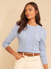 Love & Roses Light Blue Crew Neck Scalloped Lace Detail 3/4 Sleeve Knitted Top - Image 1 of 5